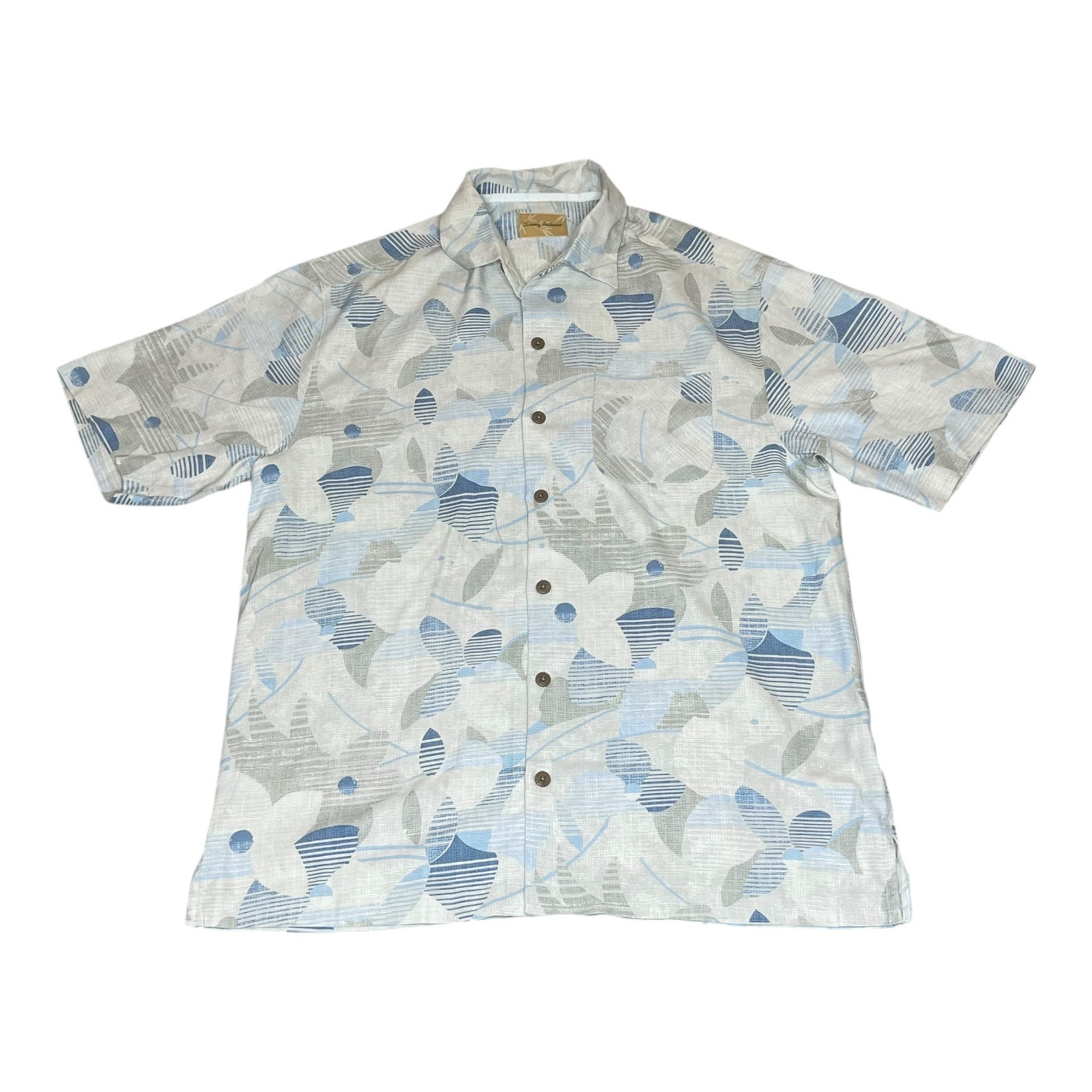 Tommy Bahama Mens (M) 100% Silk Hawaiian Abstract Floral Blue Grey Camp Shirt M